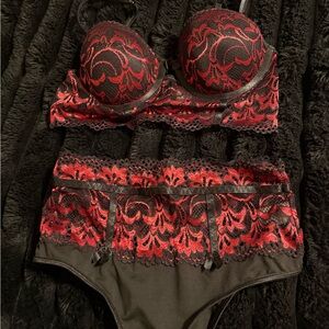 Lace Overlay Bra & High-Waist Brief Set - Red/Black